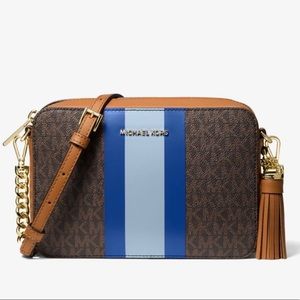MICHAEL KORS Jet Set Medium Electric Blue Logo Stripe Brown Camera Bag